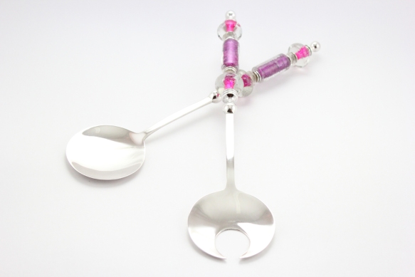Beaded Salad Servers, silver plated, hand made; candy pink and lilac