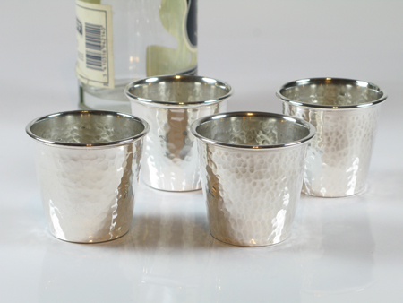 Gift ideas for Him; silver plated hammered Vodka Shot or liquor glasses.