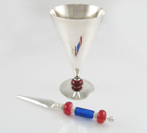 Desk accessories; silver plate, handmade, letter opener/paper cutter with a Pen/pencil Cone Pot
